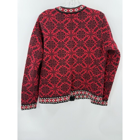 L.L. Bean Women’s Red Black Nordic Fair Isle Sweater Cardigan Cotton Size Medium - Picture 7 of 12